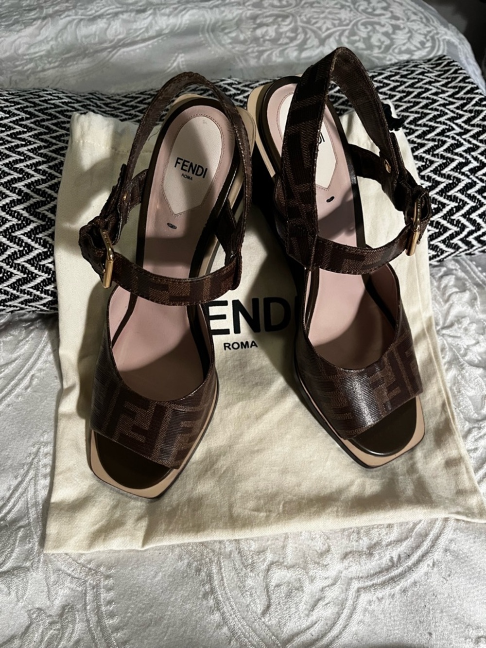 Fendi Brown FF Logo Slingback Wedge Sandals
